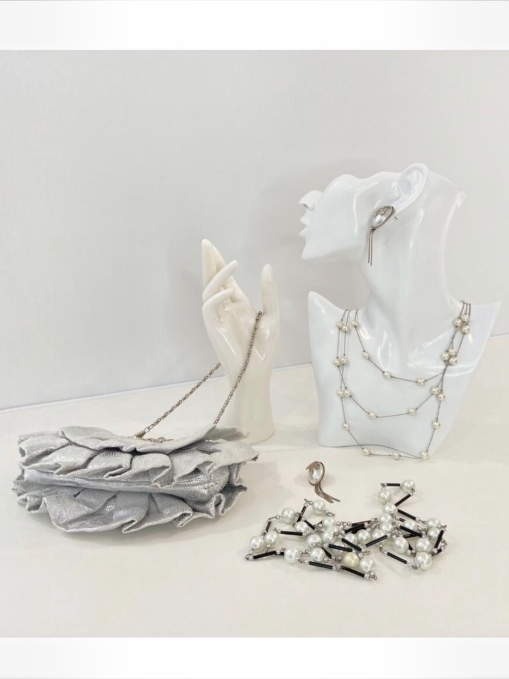 Vintage Silver Jewelry necklaces earings & Clutch Bundle With Pearls
